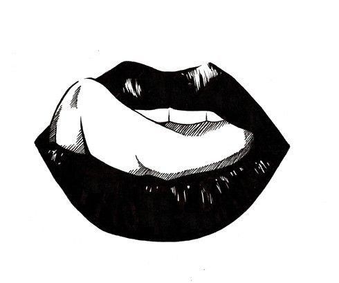 a black and white drawing of a female's mouth with the tongue out,