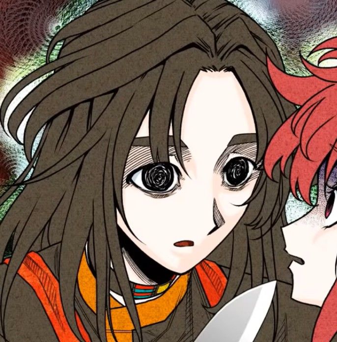 two anime characters one with long hair and the other with big eyes looking at each other