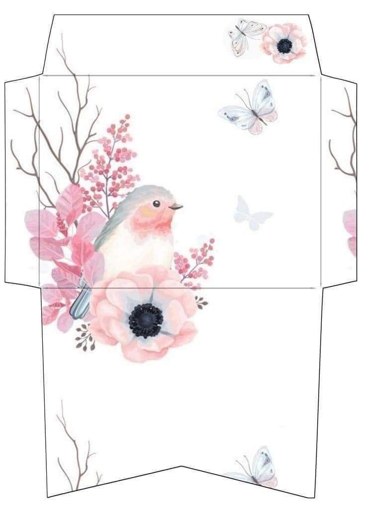 two envelopes with pink flowers and butterflies on the front, one has a bird in it