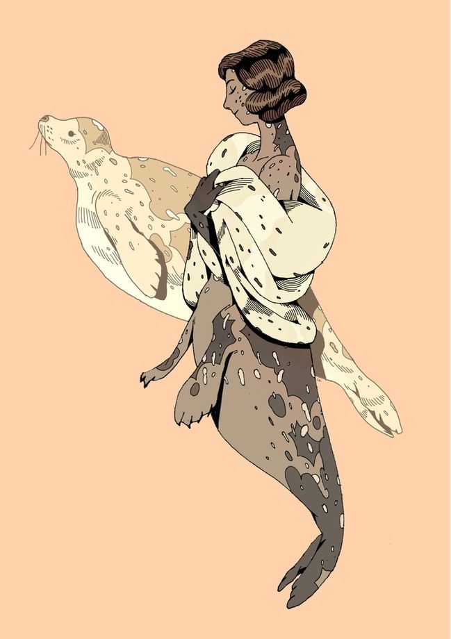 a drawing of a woman carrying a sea turtle