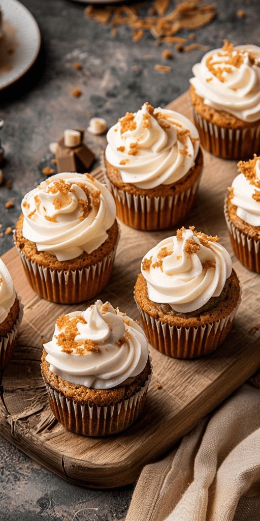 several cupcakes with white frosting on a wooden board