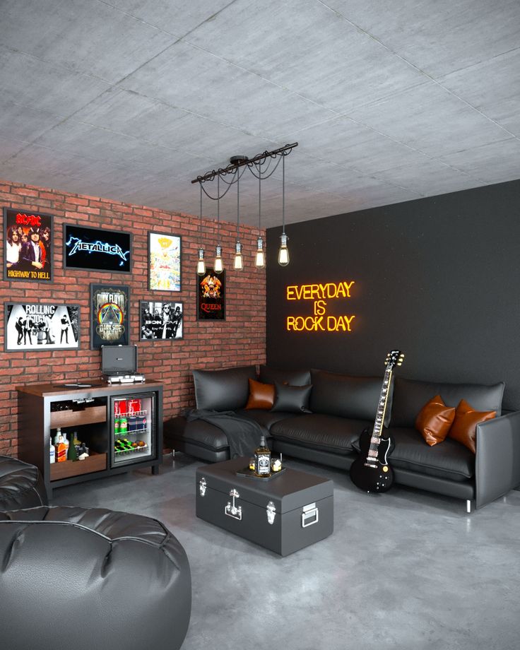 a living room filled with black leather furniture