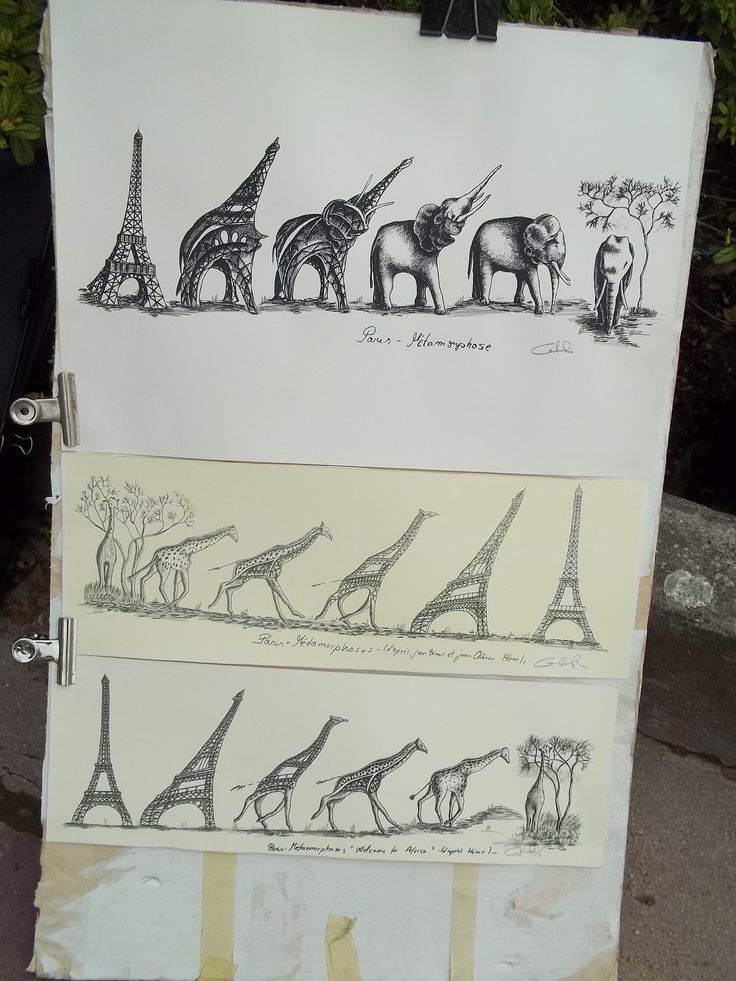 two drawings of animals and the eiffel tower are on display in front of a sign