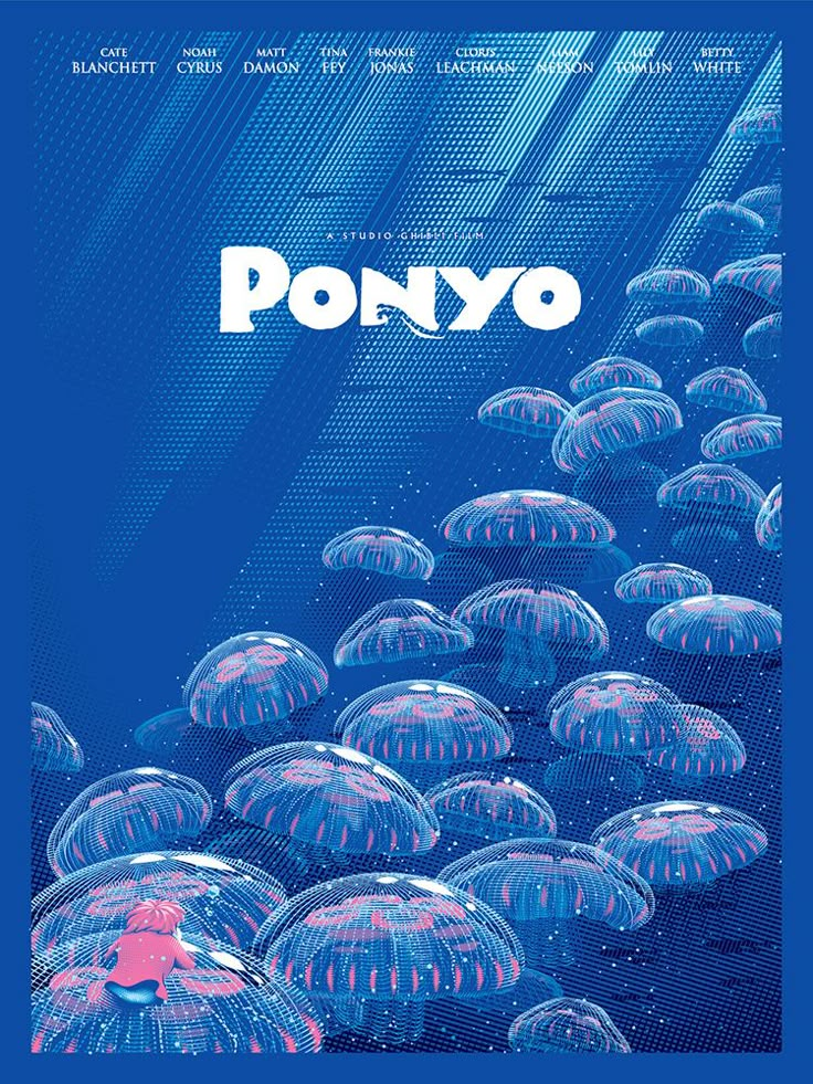 the movie poster for ponyo, with jellyfishs floating in blue and pink