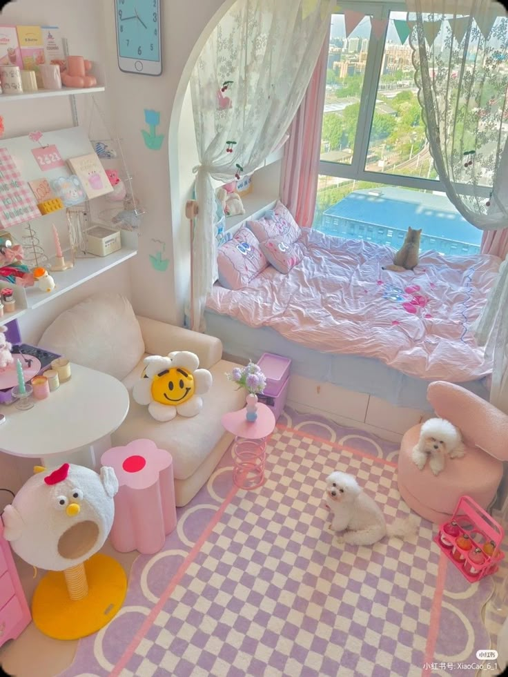 a bedroom with pink and white decor in the shape of an animal bed, windows, rugs, toys and other items