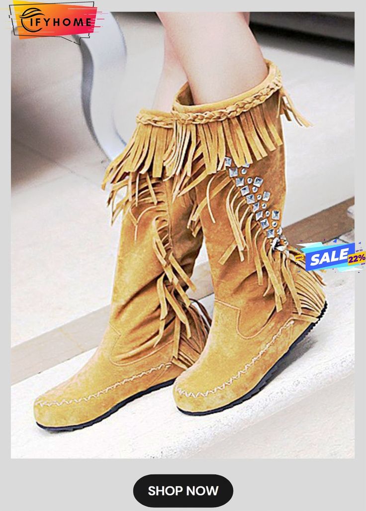 Studded Tassel Western Moccasin Boots Festival Boots With Tassels And Round Toe, Casual Leather Boots With Tassels, Western Boots With Tassels And Round Toe, Fall Tassel Boots With Round Toe, Casual Fringe Boots With Round Toe, Bohemian Fringe Boots With Round Toe, Bohemian Style Fringe Boots With Round Toe, Casual Suede Fringe Boots, Casual Brown Boots With Tassels