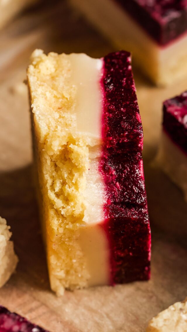 several pieces of cake with red and white frosting