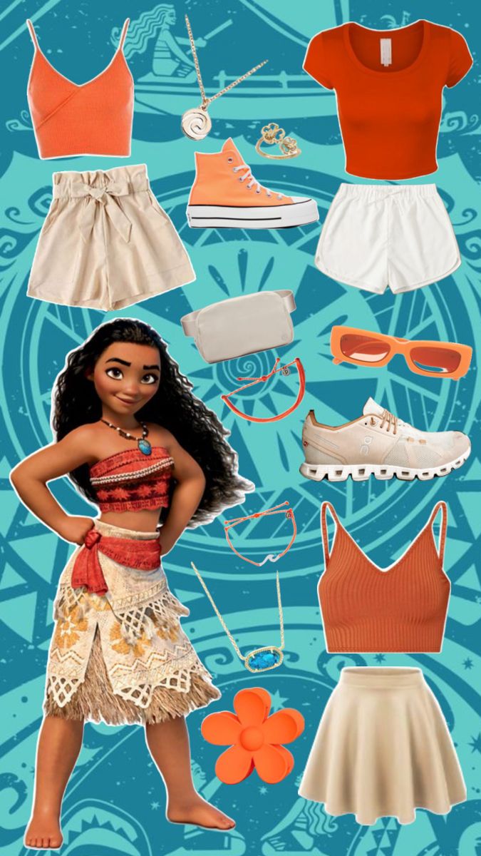 the doll is standing in front of several different outfits and accessories, including an orange tank top