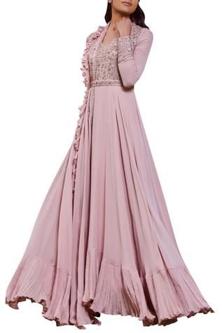 Shop for Sana Barreja Pink Georgette Embroidered Anarkali Set for Women Online at Aza Fashions Yellow Embroidery, Wedding Lehengas, Embroidered Anarkali, Lakme Fashion Week, Chaniya Choli, Indian Designer Wear, Celebrity Look, Bridal Lehenga, Indian Design