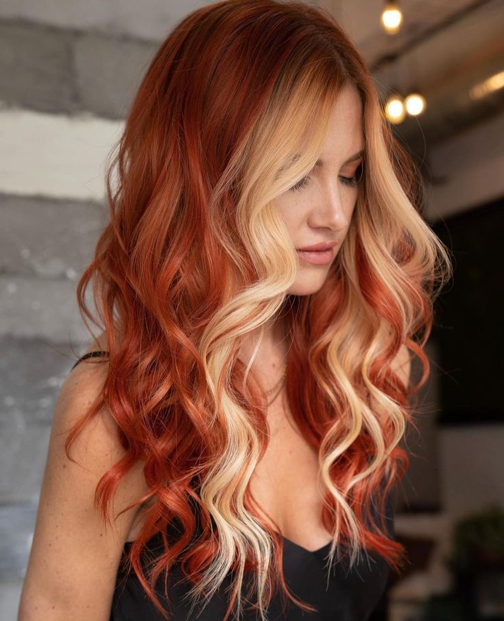 Ginger Blonde Split Hair, Ginger And Auburn Hair, Different Red Highlights, Hair Color Ginger Blonde, Blond Hair Red Roots, Fall Bright Hair Color, Flame Ombre Hair, Earth Tone Hair Colors, Winter Inspired Hair Color