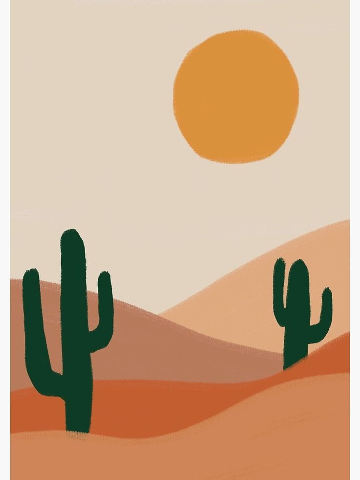 a desert scene with cactus trees and the sun