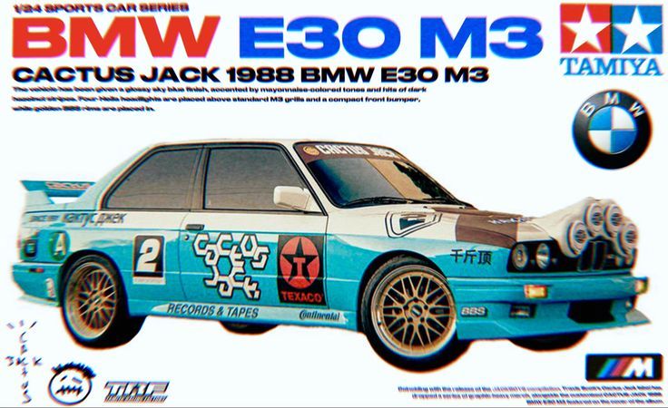 an advertisement for the bmw e30 m3 race car, which is painted in blue and white