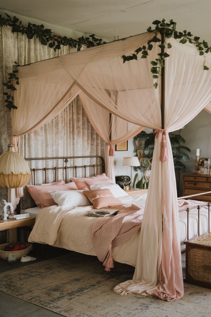 Romantic Boho Canopy Bed Bed Canopy Headboard, Canopy Bed In Studio Apartment, Cottage Canopy Bed, Canopy Bed Photoshoot, Wooden Canopy Bed Bedroom Ideas, Canopy Bed Teenage Girl, Tapestry Canopy Bed, Canopy Bed Against Wall, Canopy Bed Aesthetic Bedroom