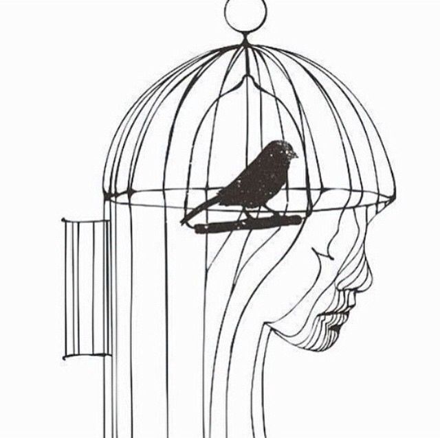 a drawing of a woman's head with a bird in a cage on it