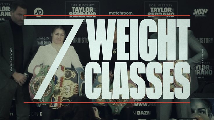 a man and woman standing next to each other in front of a sign that says 7 weight classes