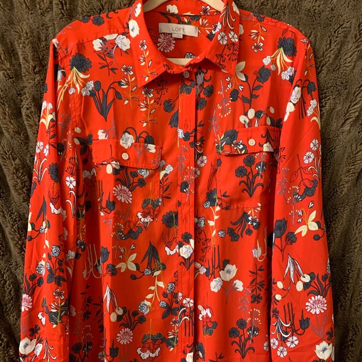 Floral, Never Worn, Red Floral, Loft By Ann Taylor Blouse Red Printed Tops For Work, Red Printed Tops For Workwear, Red Floral Print Button-up Blouse, Red Floral Print Top For Work, Red Floral Print Top For Workwear, Red Floral Print Tops For Work, Red Floral Print Blouse For Work, Workwear Red Blouse With Floral Print, Spring Red Workwear Blouse