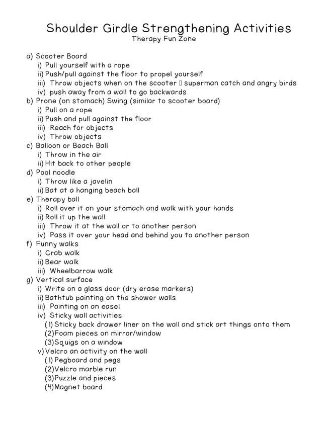 The shoulder girdle is very important in the functioning of the arms and the hands.  In order to use your hands efficiently, you need to have strong, stable shoulders for your arms to work off of.  Kids need to be able to easily reach up against gravity and to reach out for objects.  It is hard to control what your hand is doing when you can’t control your shoulder very well, so I am going to share some of my  {Read More} Ue Strengthening Occupational Therapy, Shoulder Strengthening, School Based Therapy, Therapy Fun, Shoulder Girdle, Hand Strengthening, Occupational Therapy Kids, Pediatric Physical Therapy, Occupational Therapy Activities