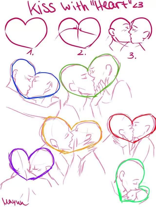 a drawing of two people kissing each other with hearts drawn on them in different colors