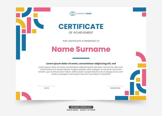 a certificate with colorful geometric shapes on the front and back of it, as well as a