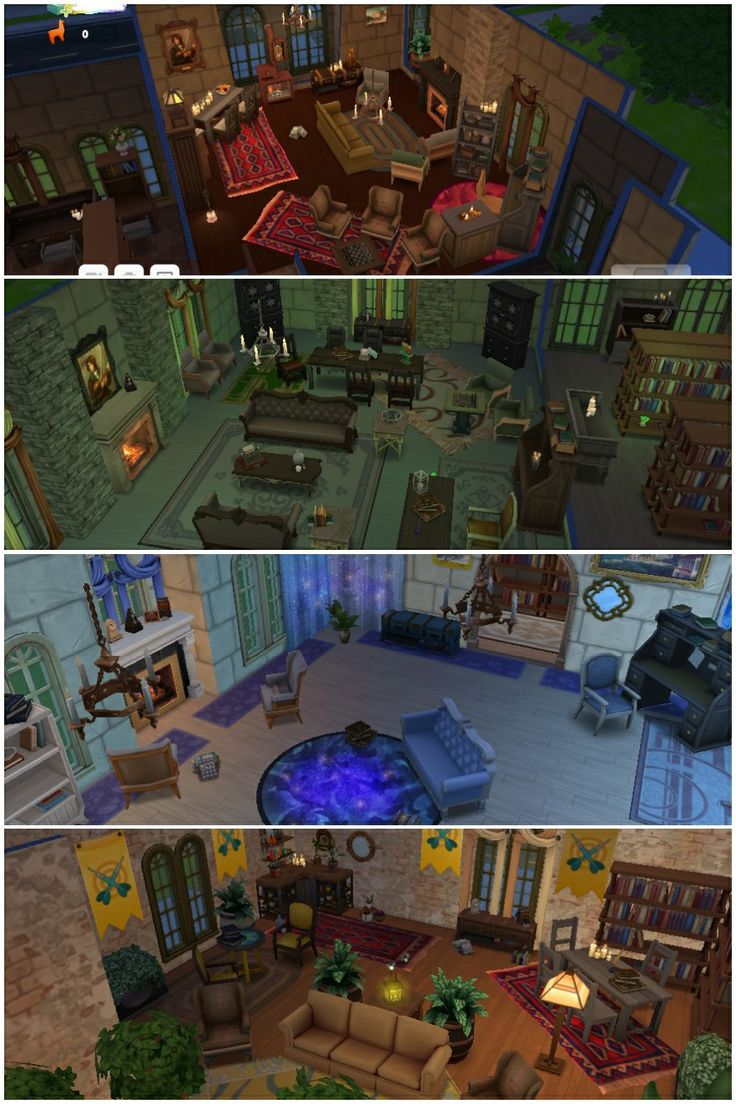 three different views of a living room and dining room in the same house from above