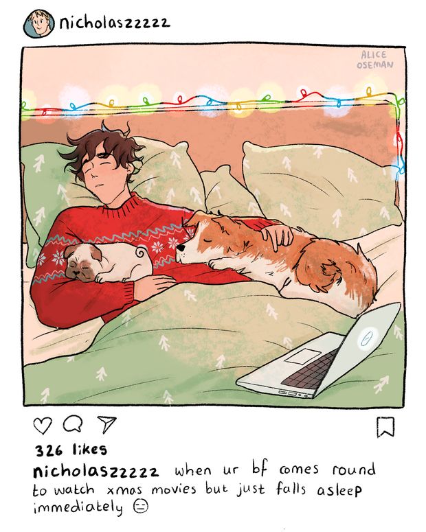 a drawing of a man laying in bed with a dog on his lap next to him