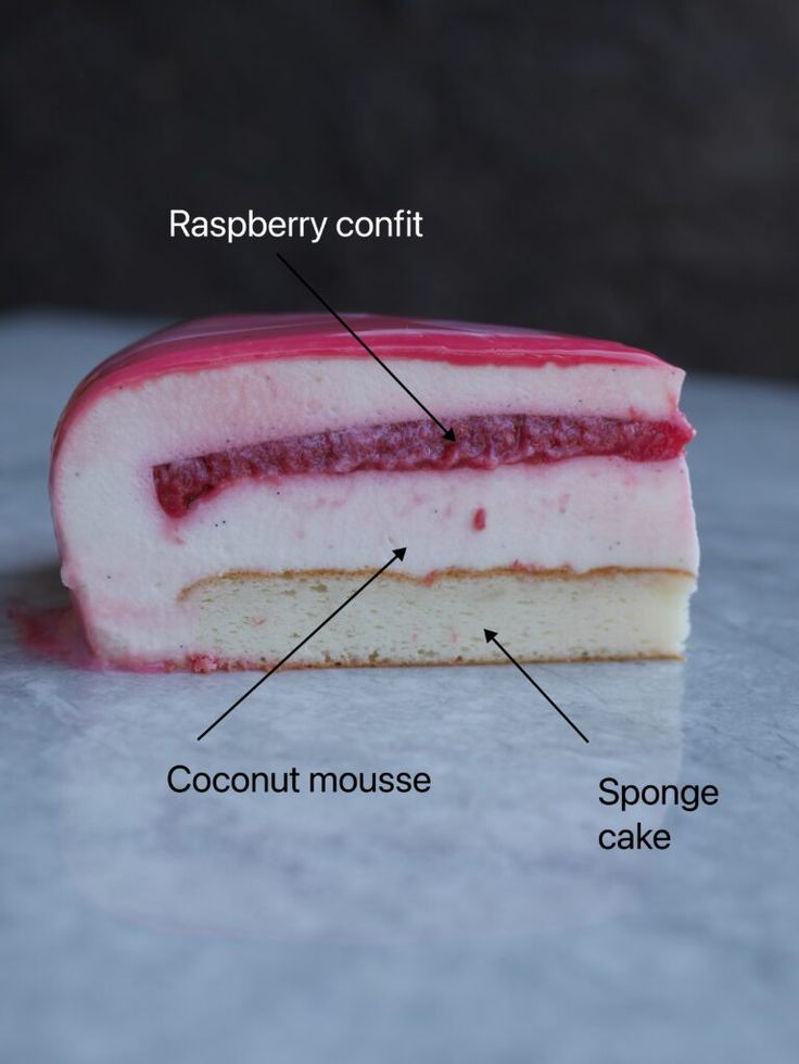 a piece of cake with different parts labeled on it's side, including raspberry confit and coconut mousse sponge cake