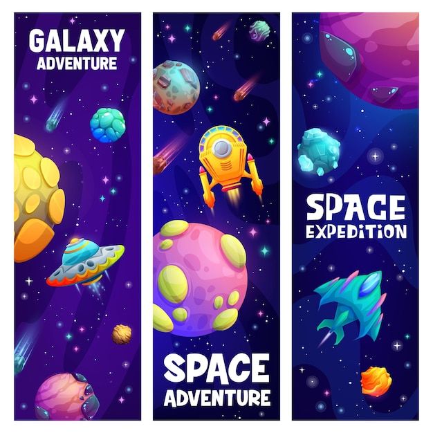 three vertical banners with space and rockets in the sky, stars and planets on purple background