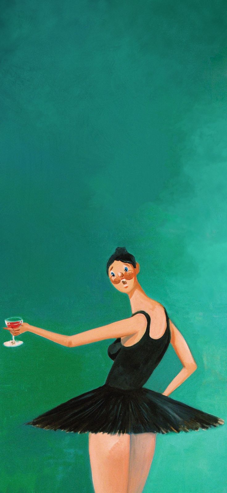 a painting of a woman in a black dress holding a wine glass with a green background