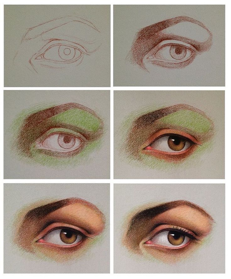 the steps in how to draw an eye step by step with colored pencils on paper