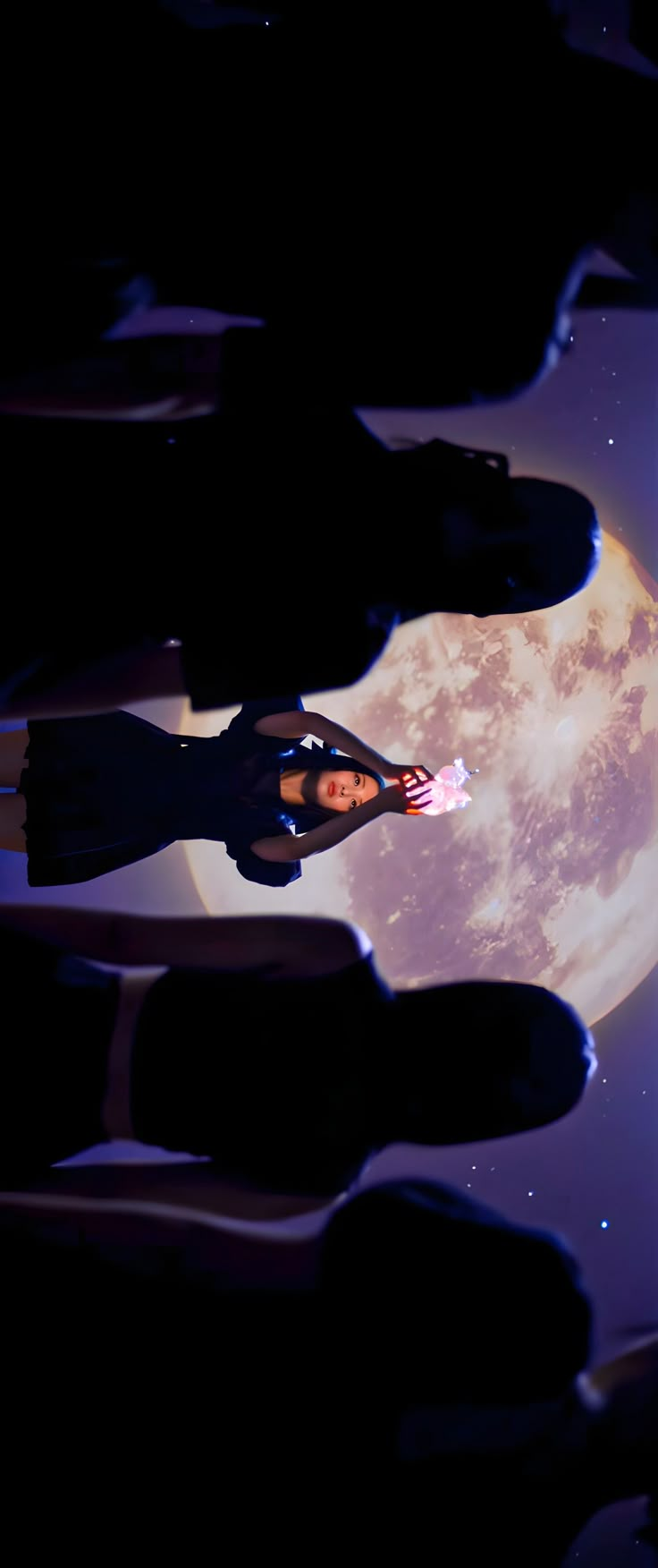 a woman standing in front of a full moon with her hands on her hips and looking up at the sky