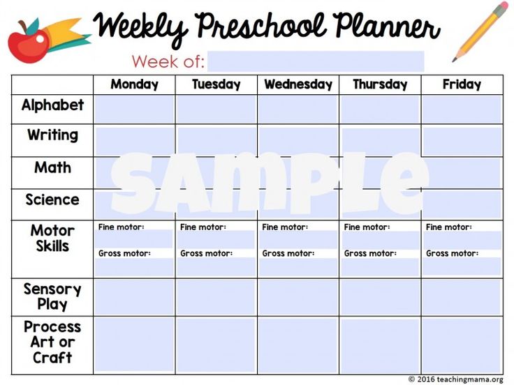 a weekly preschool planner with pencils and an apple on the top, next to it is