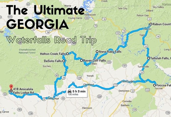 a map with the words, the ultimate georgia waterfalls road trip on it's side