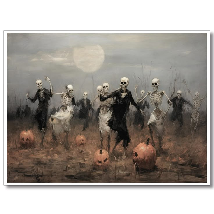 a painting of skeletons dancing in a field with pumpkins