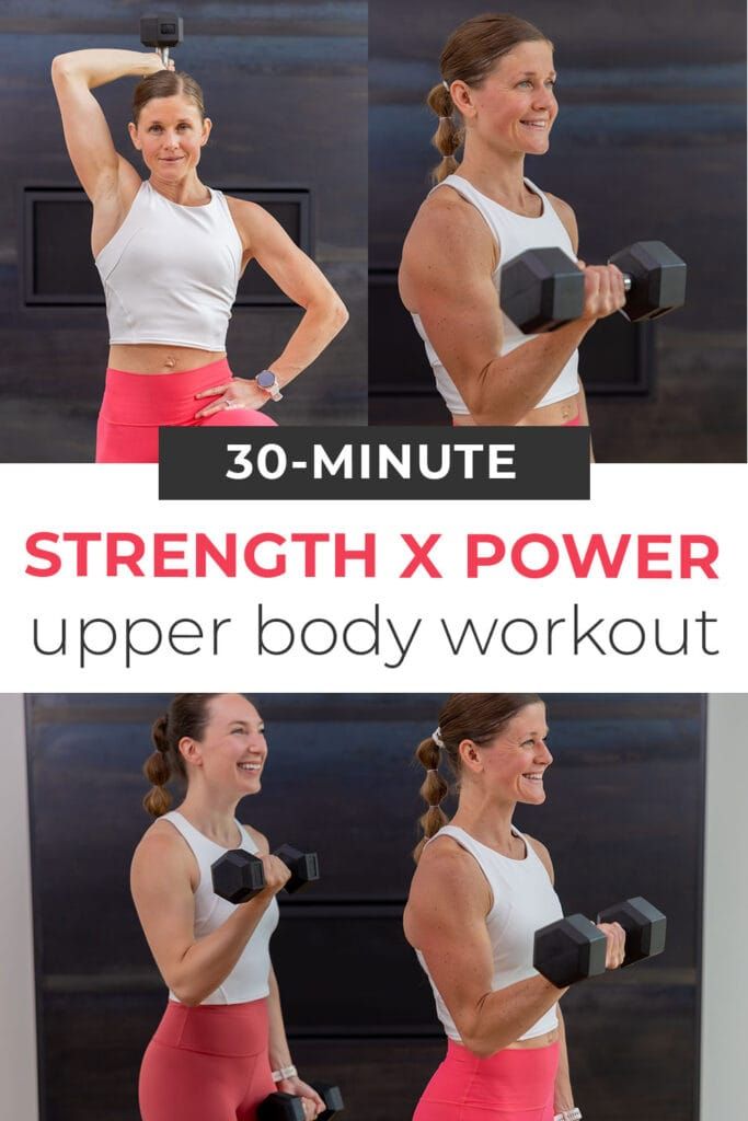 a woman is doing exercises with dumbbells in her hands and the words 30 - minute strength x power upper body workout