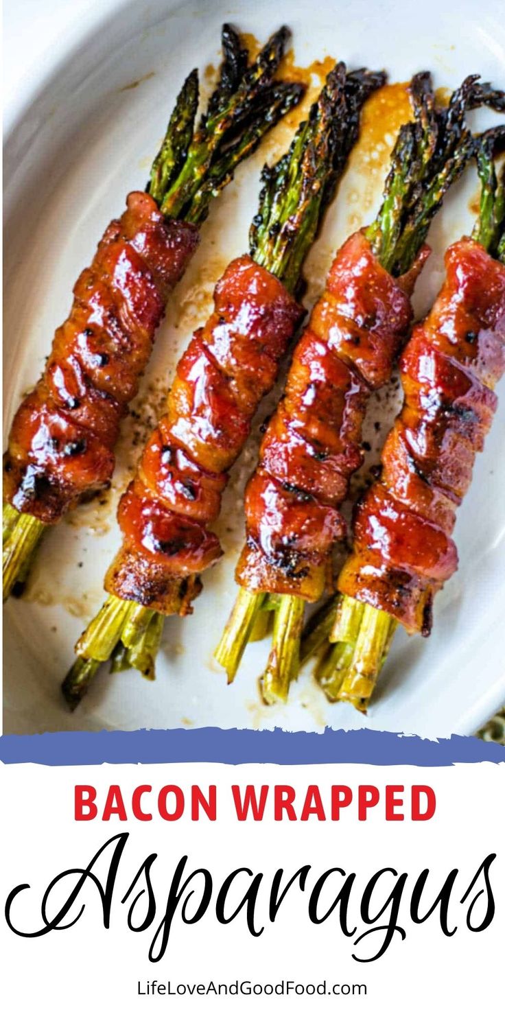 bacon wrapped asparagus bundles on a white plate with text overlay that reads, bacon wrapped asparagus bundles