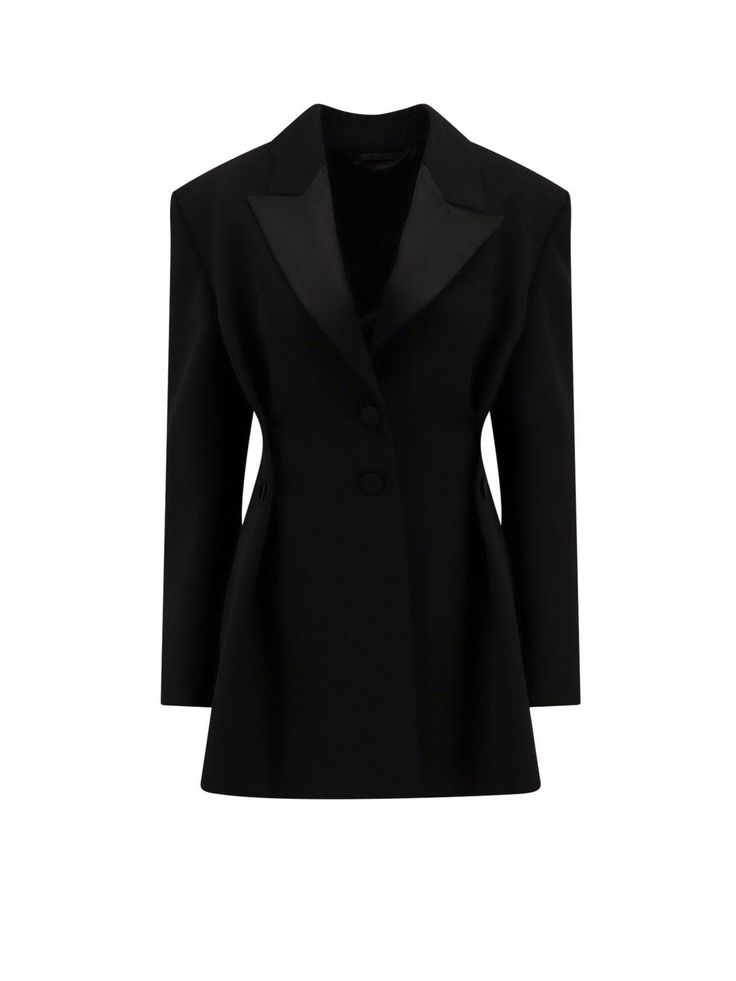 100% Virgin wool Elegant Black Outerwear With Structured Boning, Designer Evening Outerwear With Concealed Placket, Classic Structured Evening Outerwear, Timeless Structured Evening Outerwear, Designer Wool Evening Outerwear, Designer Wool Outerwear For Evening, Classic Wool Blazer For Evening, Classic Wool Evening Blazer, Single-breasted Wool Outerwear For Evening