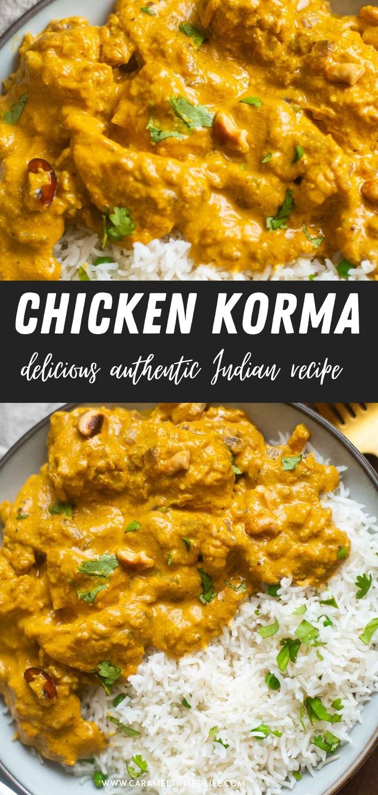 chicken korma with white rice on a plate