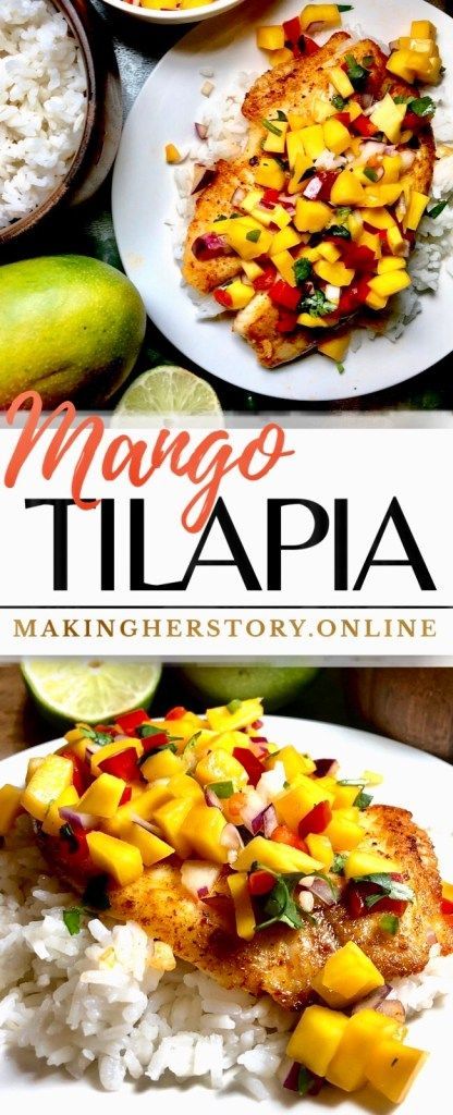 mango tilapa with white rice and limes on the side in front of it