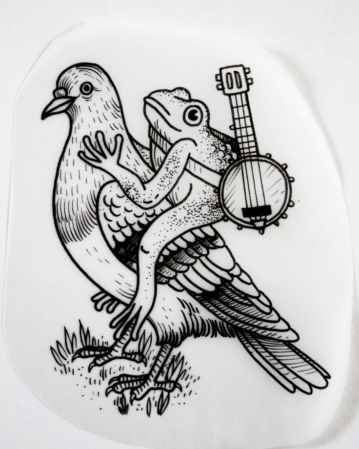 a black and white drawing of two birds with a guitar