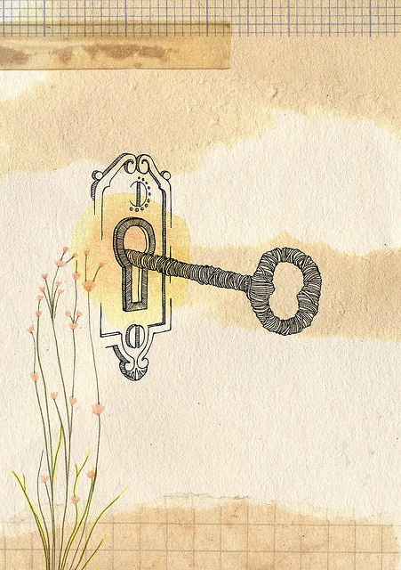 a drawing of a key hanging from a lock on a wall next to some flowers