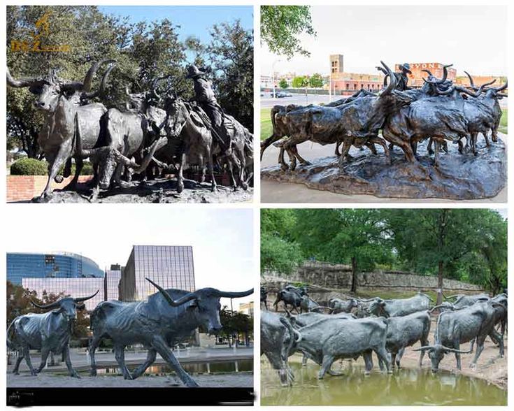 four pictures of statues of cows and bulls