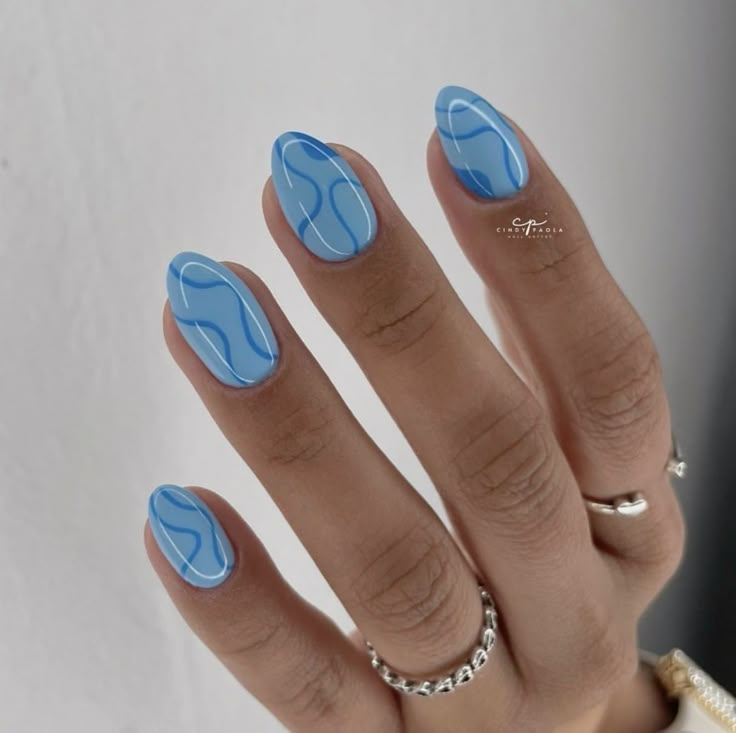 Cute Nail Designs Blue, Wavy Line Nails, Beach Nails Blue, Simple Blue Nail Designs, Simple Beach Nails, Blue Beach Nails, Cute Blue Nail Ideas, Nails Pics, Checkered Nails