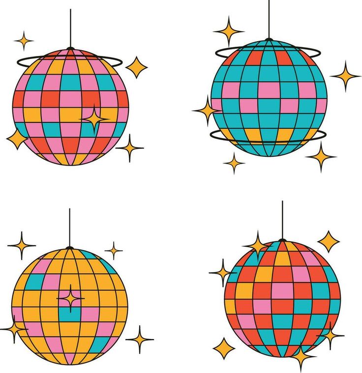 four different colored globes with stars on the top one has a clock and two are connected to each other