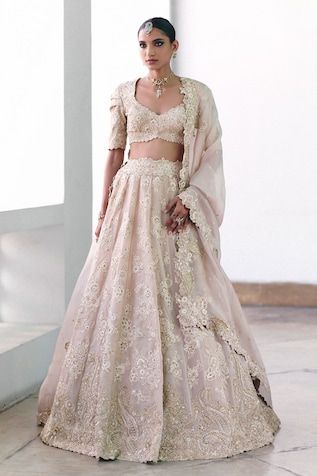 Ivory lehenga with resham pearl and zardosi floral embroidery. Paired with an embroidered blouse and floral cutwork embroidered dupatta. - Aza Fashions Mrunalini Rao, Ivory Lehenga, Floral Cutwork, Cape Lehenga, Kurta Lehenga, Lehenga Pattern, Jayanti Reddy, Lehenga Skirt, Tarun Tahiliani