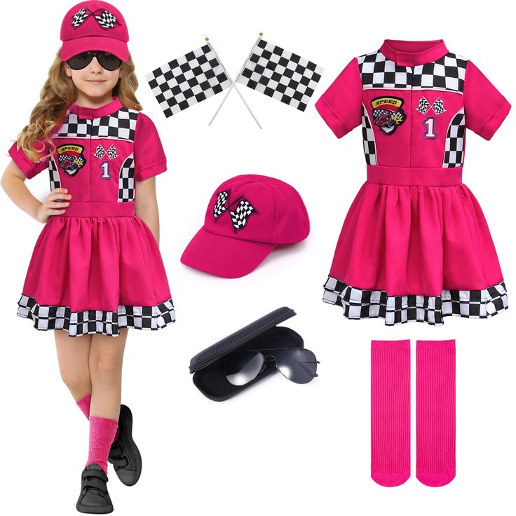 PRICES MAY VARY. 8pcs Race Car Driver Costume: Our girls racer car costume comes with thigh-high socks, racer car flags, cool sunglasses with eyeglasses case, race car cap; Girls racing dress role play outfit, designed for brave girls to inspire their passion and adventurous spirit Trendy and Unique Designs: Our toddler race car outfit adopts dynamic racing elements, combined with the girl's favorite passionate rose color and style, this racing dress not only has an attractive appearance, but al Race Car Outfit, Race Car Driver Halloween Costume, Diy Girls Costumes, Race Car Driver Costume, Outfit Adopts, Car Costume, Car Outfit, Racer Car, Costume Toddler