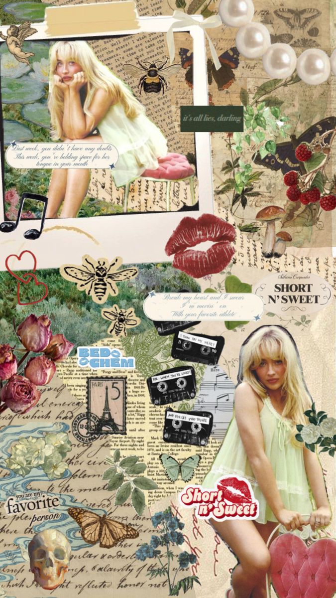 altered collage with images and words on it's side, including an image of a woman in a dress