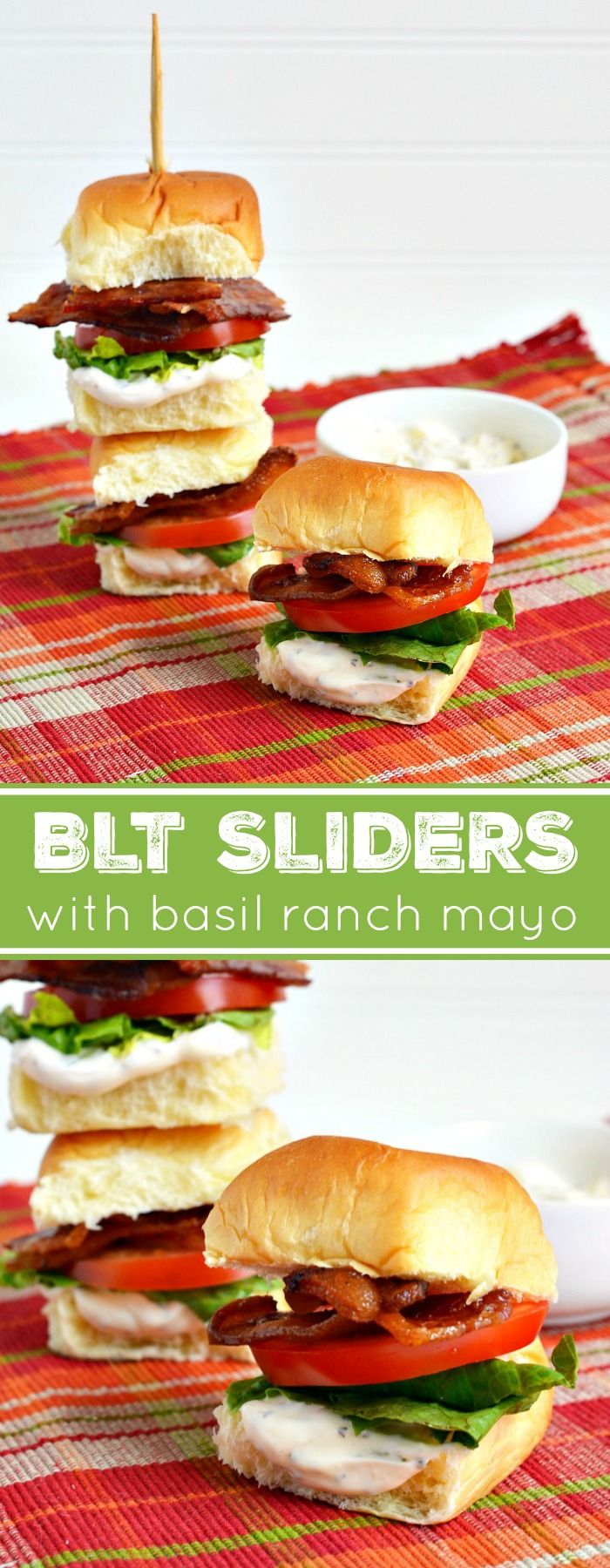 two sandwiches stacked on top of each other with the words, blt sliders with basil ranch mayo