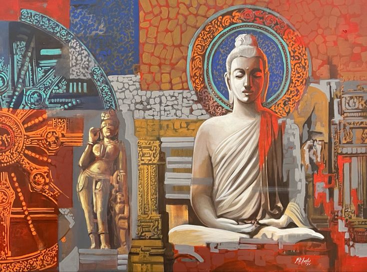 a painting of a buddha sitting on a bench in front of a wall with other paintings