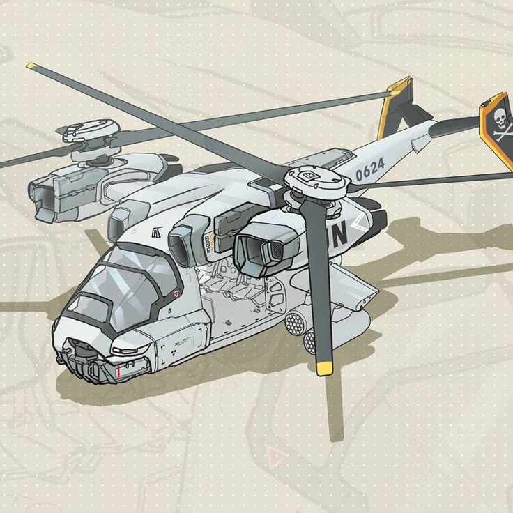 a drawing of a helicopter with two propellers on it's side and another one in the background