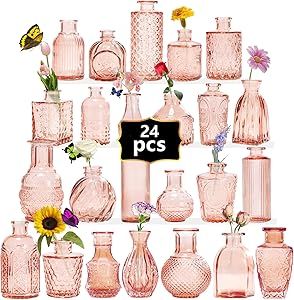 a collection of pink glass vases with flowers and butterflies on the top one has a sign that says 24 pcs